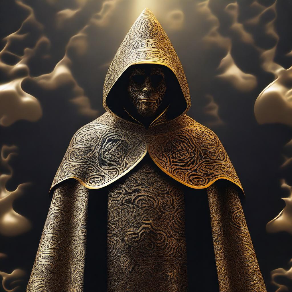 An intriguing digital art image presents a cult member garbed in golden cloaks, decorated with a distinctive black cloud pattern