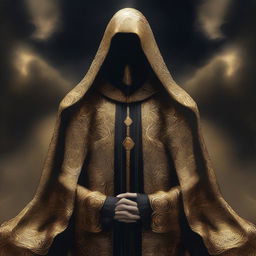 An intriguing digital art image presents a cult member garbed in golden cloaks, decorated with a distinctive black cloud pattern