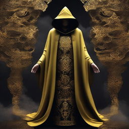 An intriguing digital art image presents a cult member garbed in golden cloaks, decorated with a distinctive black cloud pattern