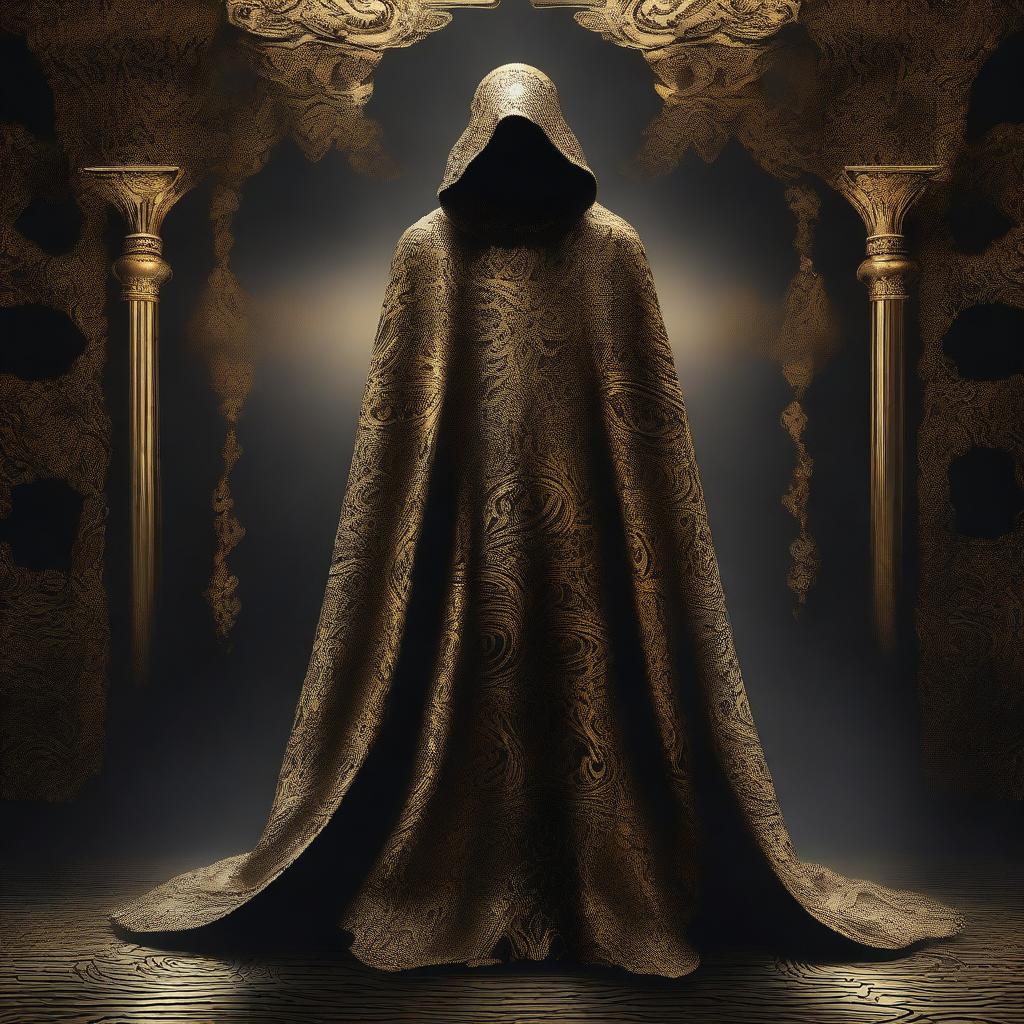 An intriguing digital art image presents a cult member garbed in golden cloaks, decorated with a distinctive black cloud pattern