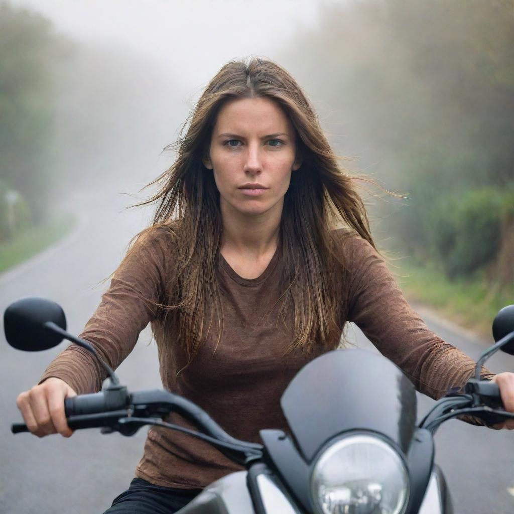 Portrait of a female motorbike rider with long hair on a Vmax motorbike. She's wearing a half-face helmet and a brown t-shirt, exhibiting a sharp gaze as she rides down a foggy village road bathed in bright light.