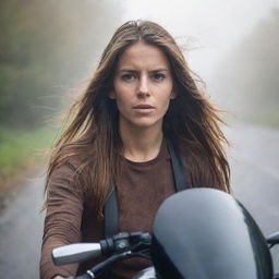 Portrait of a female motorbike rider with long hair on a Vmax motorbike. She's wearing a half-face helmet and a brown t-shirt, exhibiting a sharp gaze as she rides down a foggy village road bathed in bright light.