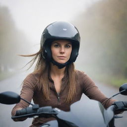 Portrait of a female motorbike rider with long hair on a Vmax motorbike. She's wearing a half-face helmet and a brown t-shirt, exhibiting a sharp gaze as she rides down a foggy village road bathed in bright light.