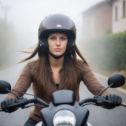 Portrait of a female motorbike rider with long hair on a Vmax motorbike. She's wearing a half-face helmet and a brown t-shirt, exhibiting a sharp gaze as she rides down a foggy village road bathed in bright light.