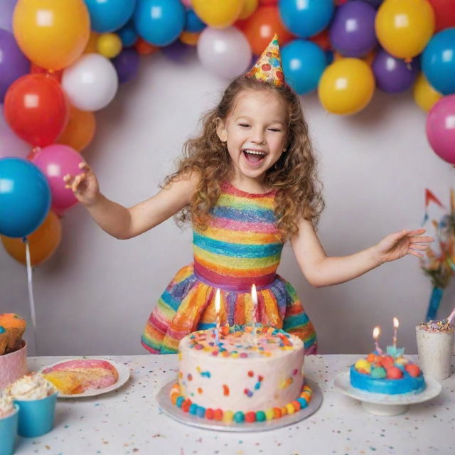 A cheerful girl joyfully dancing at her birthday party, surrounded by vibrant decorations and a large, festively decorated cake.