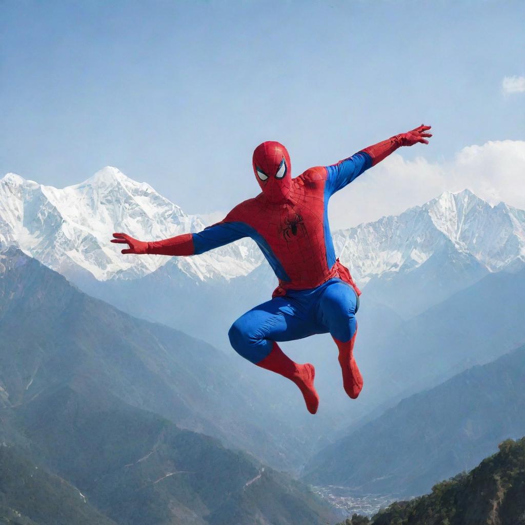 A Nepali version of Spider-Man, adorned with traditional Nepali attire, swinging through the backdrop of the Himalayas.