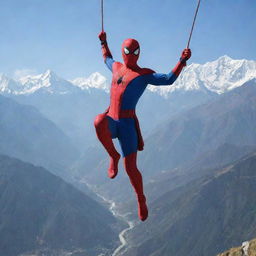 A Nepali version of Spider-Man, adorned with traditional Nepali attire, swinging through the backdrop of the Himalayas.