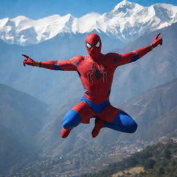 A Nepali version of Spider-Man, adorned with traditional Nepali attire, swinging through the backdrop of the Himalayas.