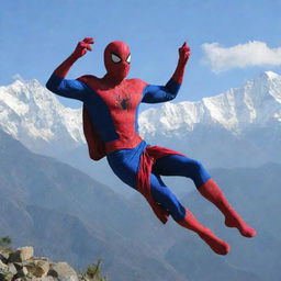 A Nepali version of Spider-Man, adorned with traditional Nepali attire, swinging through the backdrop of the Himalayas.