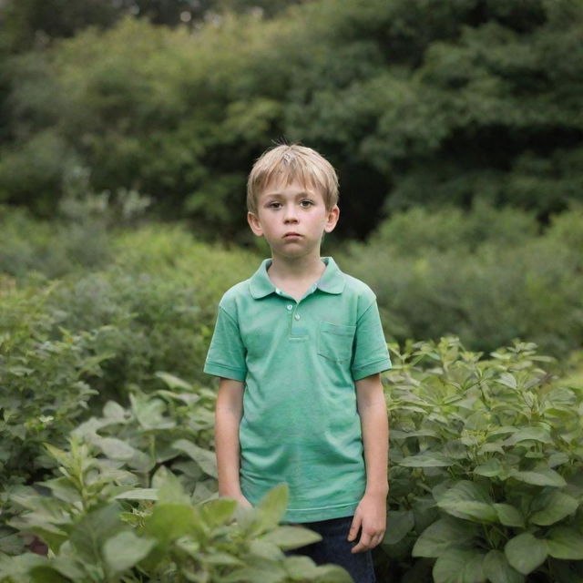 A young boy standing in a lush green garden, looking around with a confused expression on his face