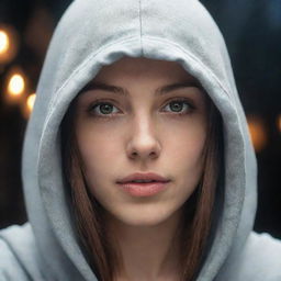 Generate a highly-detailed, realistic HD image of a beautiful hooded girl in the foreground, with the enchanting and mystical 'CharmOfTheRealm' serving as the background.