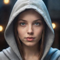 Generate a highly-detailed, realistic HD image of a beautiful hooded girl in the foreground, with the enchanting and mystical 'CharmOfTheRealm' serving as the background.