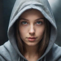 Generate a highly-detailed, realistic HD image of a beautiful hooded girl in the foreground, with the enchanting and mystical 'CharmOfTheRealm' serving as the background.