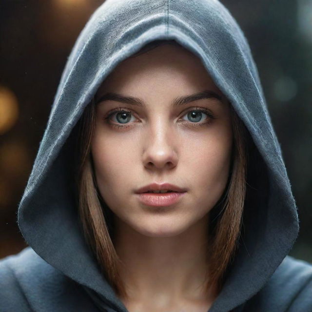 Generate a highly-detailed, realistic HD image of a beautiful hooded girl in the foreground, with the enchanting and mystical 'CharmOfTheRealm' serving as the background.