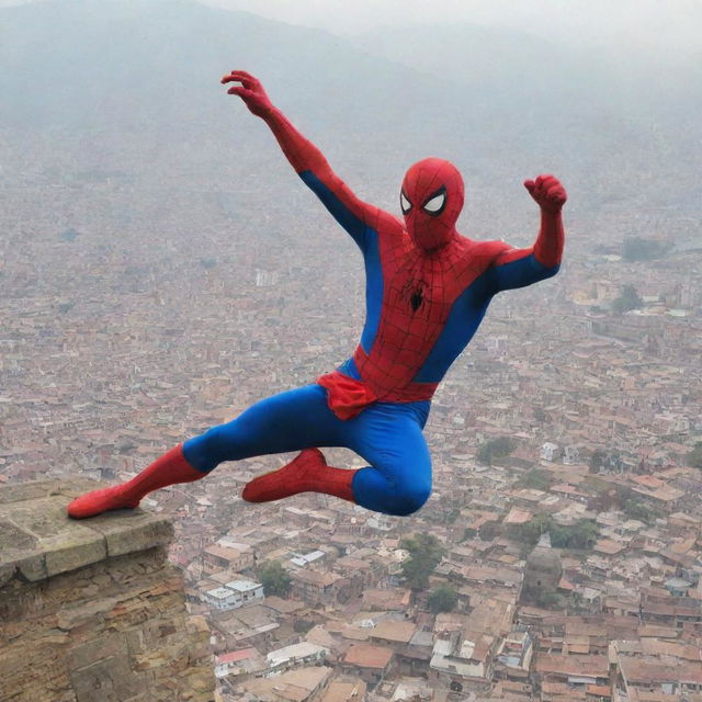 Nepali version of Spider-Man, in traditional attire, daringly swinging from the historic Dharara Tower in Kathmandu, Himalayas in the backdrop.