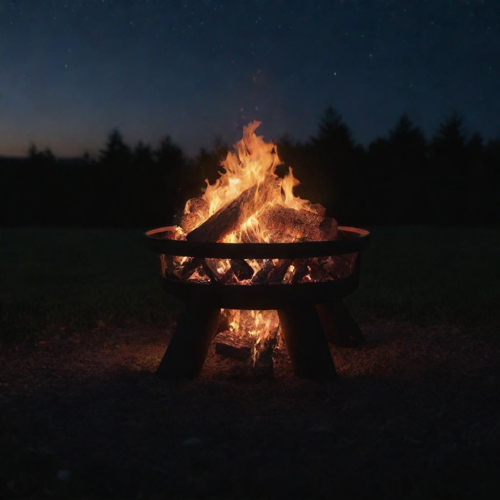 Animation clip depicting a fire pit glowing with crackling flames under the dark night sky