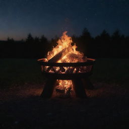 Animation clip depicting a fire pit glowing with crackling flames under the dark night sky