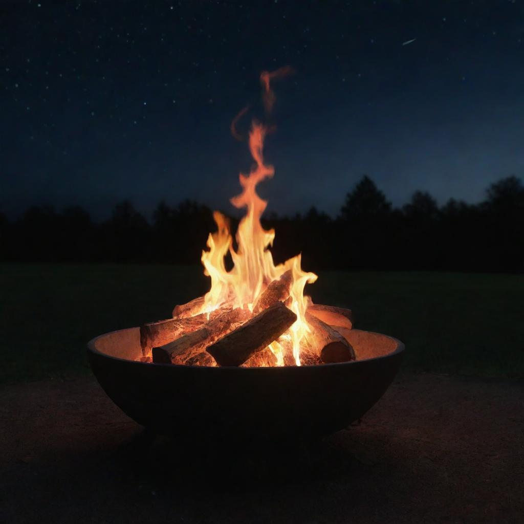 Animation clip depicting a fire pit glowing with crackling flames under the dark night sky