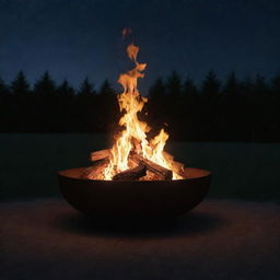 Animation clip depicting a fire pit glowing with crackling flames under the dark night sky