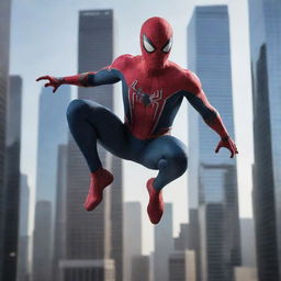 A trendy, modern Spider-Man equipped with high-tech gear and sleek suit, hopping across contemporary city skyscrapers.