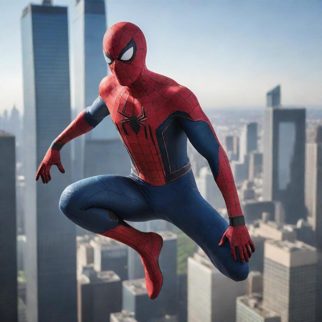 A trendy, modern Spider-Man equipped with high-tech gear and sleek suit, hopping across contemporary city skyscrapers.