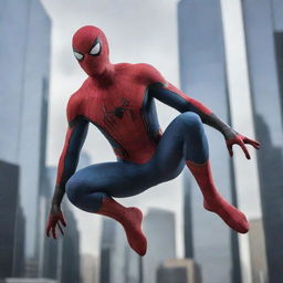 A trendy, modern Spider-Man equipped with high-tech gear and sleek suit, hopping across contemporary city skyscrapers.