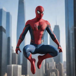 A trendy, modern Spider-Man equipped with high-tech gear and sleek suit, hopping across contemporary city skyscrapers.