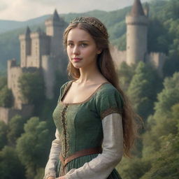 Create a highly detailed, realistic HD image of a stunning medieval girl in the foreground with a fortress in the midst of a forest, embodying the enchanting 'CharmOfTheRealm', in the background.