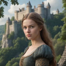 Create a highly detailed, realistic HD image of a stunning medieval girl in the foreground with a fortress in the midst of a forest, embodying the enchanting 'CharmOfTheRealm', in the background.