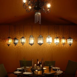 Decorate a wall with lanterns for ambient charm and install a central, lantern-shaped classic chandelier for an elegant lighting effect.
