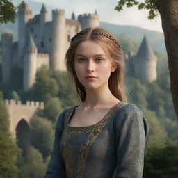 Create a highly detailed, realistic HD image of a stunning medieval girl in the foreground with a fortress in the midst of a forest, embodying the enchanting 'CharmOfTheRealm', in the background.