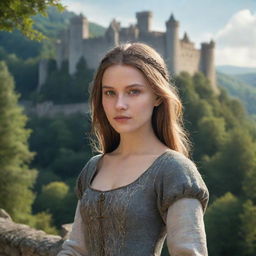 Create a highly detailed, realistic HD image of a stunning medieval girl in the foreground with a fortress in the midst of a forest, embodying the enchanting 'CharmOfTheRealm', in the background.