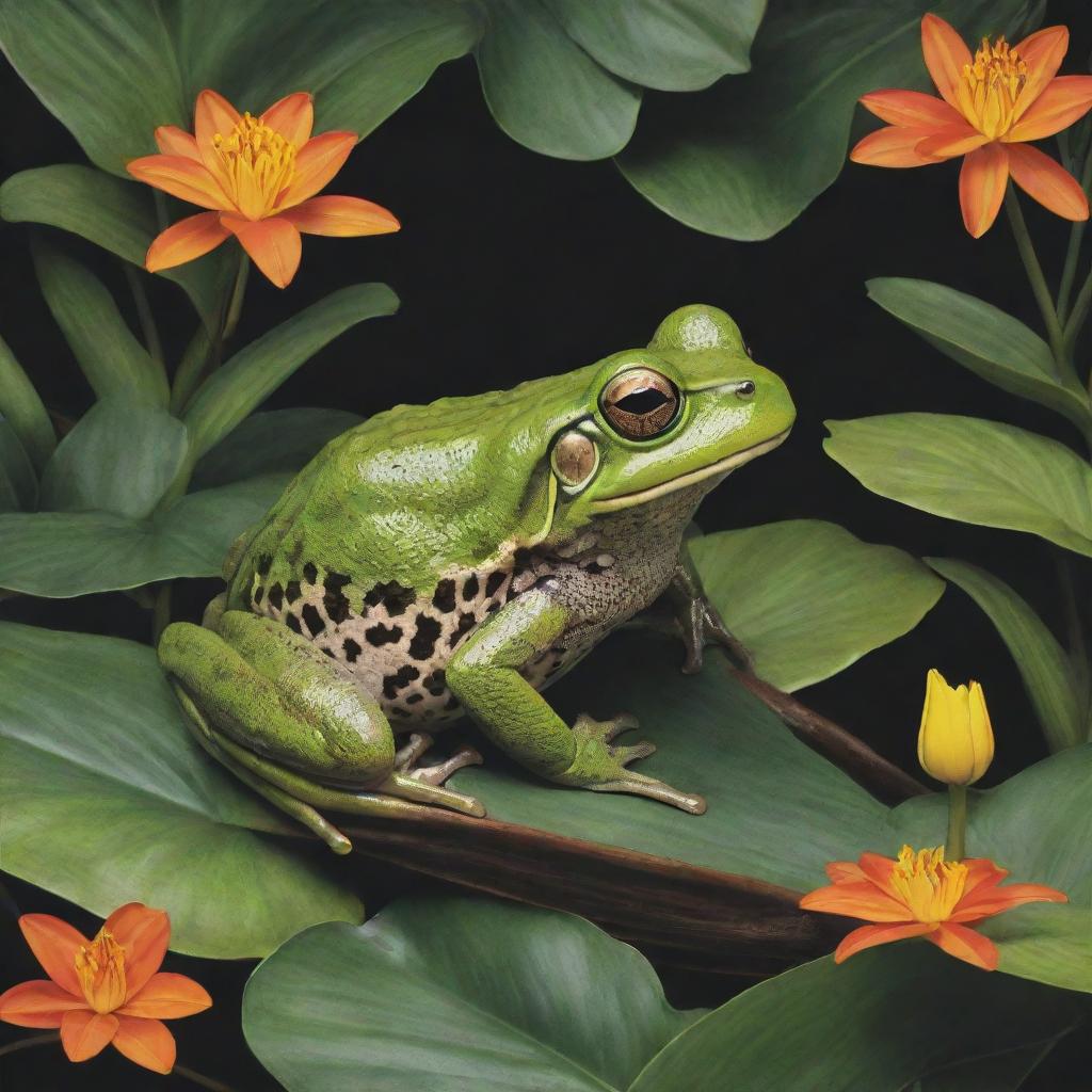 A vivid, intricate depiction of a frog resting in its natural habitat