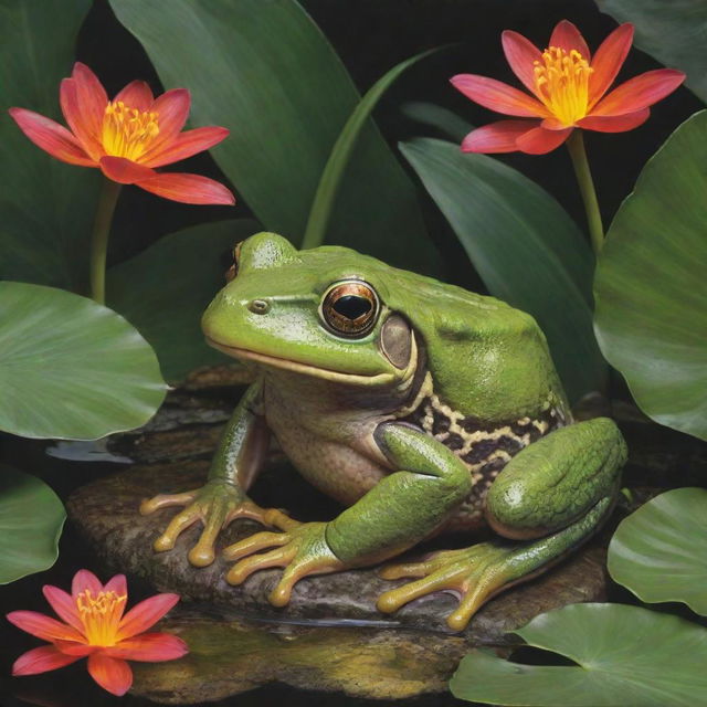 A vivid, intricate depiction of a frog resting in its natural habitat