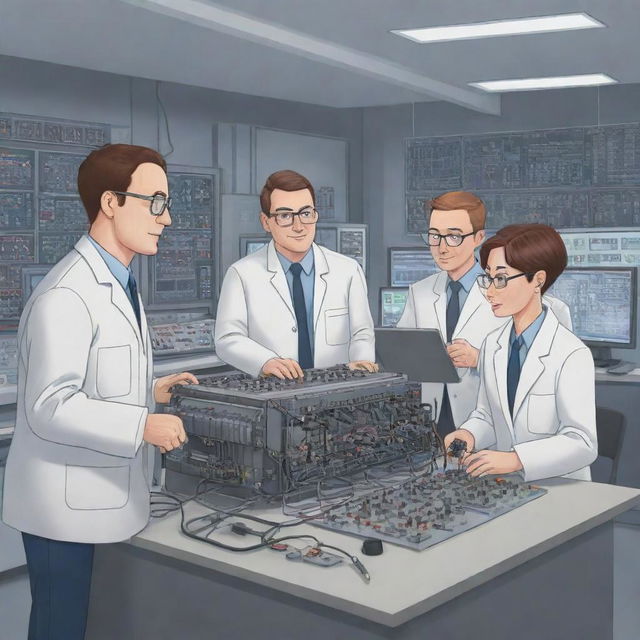 A cartoon version of a team of five engineers working diligently on circuit generators, with quirky expressions and exaggerated features, in an animated, high-tech lab.