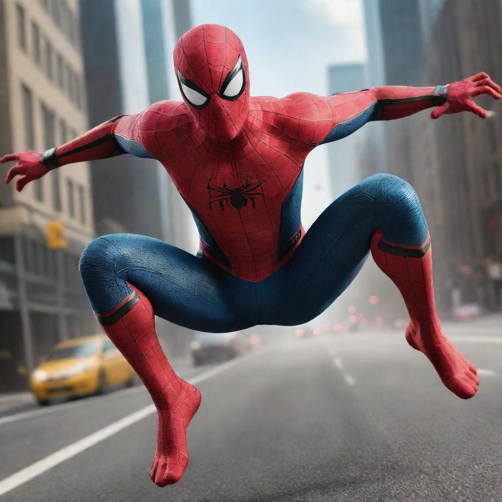 A unique interpretation of Spider-Man exhibiting high-speed running, surpassing The Flash in a dynamic race scene.