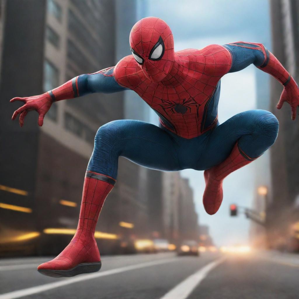 A unique interpretation of Spider-Man exhibiting high-speed running, surpassing The Flash in a dynamic race scene.