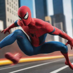 A unique interpretation of Spider-Man exhibiting high-speed running, surpassing The Flash in a dynamic race scene.