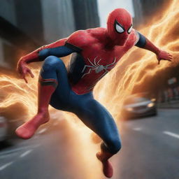 A unique interpretation of Spider-Man exhibiting high-speed running, surpassing The Flash in a dynamic race scene.