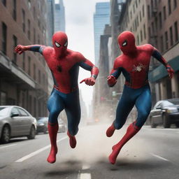 Dynamic illustration of Spider-Man, running faster than The Flash. Both superheroes are engaged in an intense speed race in an urban setting.