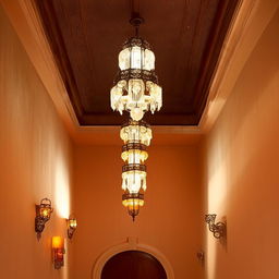 Decorate a wall with lanterns for ambient charm and install a central, lantern-shaped classic chandelier for an elegant lighting effect.