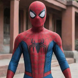 Spider-Man wearing an intricately designed Nepali costume, blending traditional elements with his iconic suit.