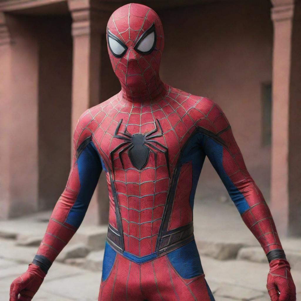 Spider-Man wearing an intricately designed Nepali costume, blending traditional elements with his iconic suit.