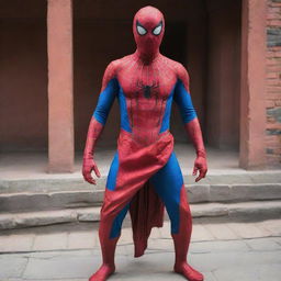 Spider-Man wearing an intricately designed Nepali costume, blending traditional elements with his iconic suit.