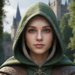 Generate a highly-detailed, realistic HD image of a beautiful hooded medieval elf girl in the foreground. The background should capture the enchanting 'CharmOfTheRealm' with a castle nestled within a lush forest.