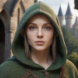 Generate a highly-detailed, realistic HD image of a beautiful hooded medieval elf girl in the foreground. The background should capture the enchanting 'CharmOfTheRealm' with a castle nestled within a lush forest.