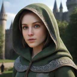 Generate a highly-detailed, realistic HD image of a beautiful hooded medieval elf girl in the foreground. The background should capture the enchanting 'CharmOfTheRealm' with a castle nestled within a lush forest.