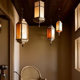 Decorate a wall with lanterns for ambient charm and install a central, lantern-shaped classic chandelier for an elegant lighting effect.