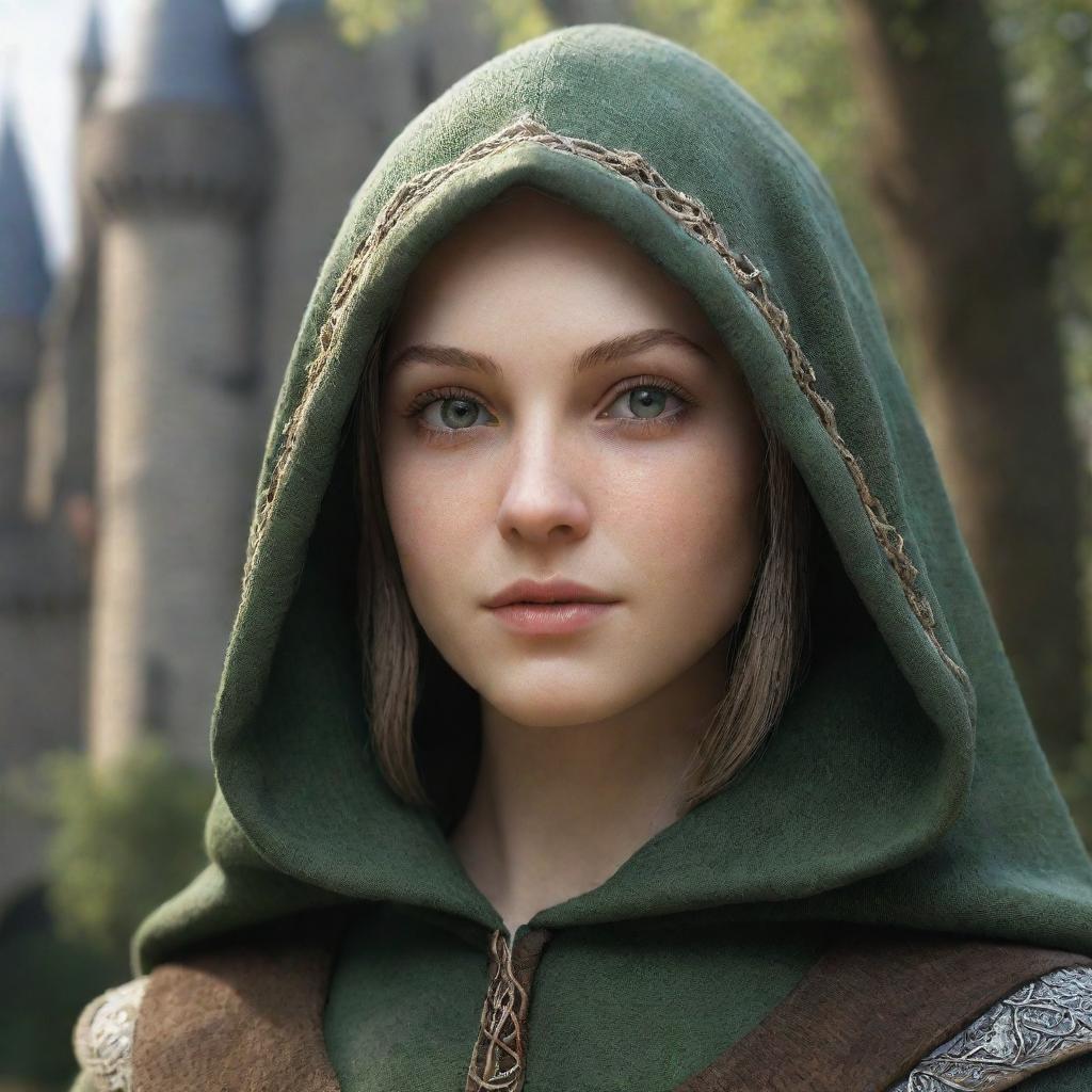 Generate a highly-detailed, realistic HD image of a beautiful hooded medieval elf girl in the foreground. The background should capture the enchanting 'CharmOfTheRealm' with a castle nestled within a lush forest.