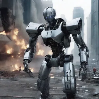 The robot in the science fiction movie appeared indifferent to the destruction happening around it.